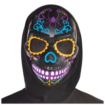 Colorful skull mask with floral patterns.