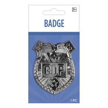 Toy police badge on blue packaging.