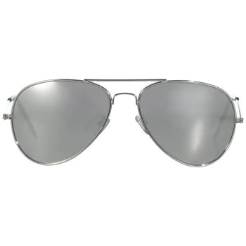 Silver aviator sunglasses on white background.