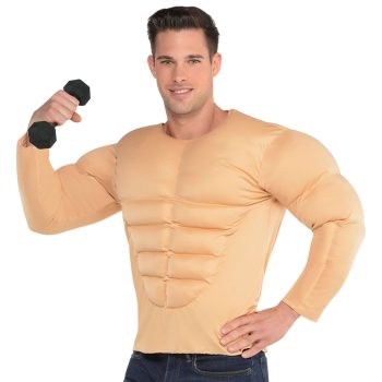 Man wearing muscle suit holding dumbbell.