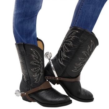 Cowboy boots with spurs and denim jeans.