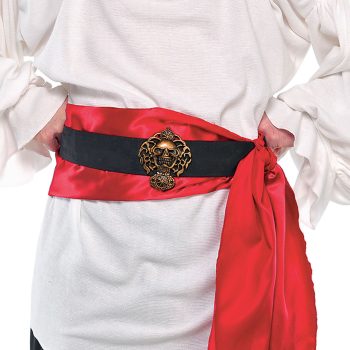 Pirate costume with red and black sash.