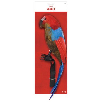 Red and blue parrot toy with strap.
