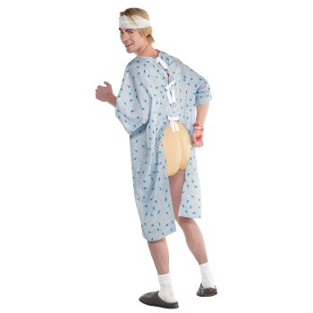 Man in hospital gown with fake butt.