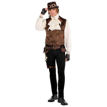 Man in steampunk outfit and goggles posing.