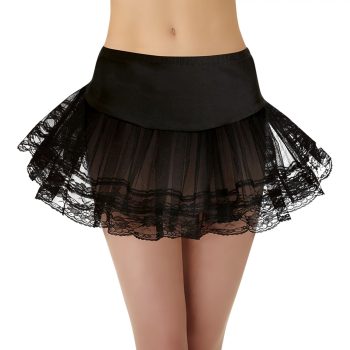 Black lace mini skirt on model.