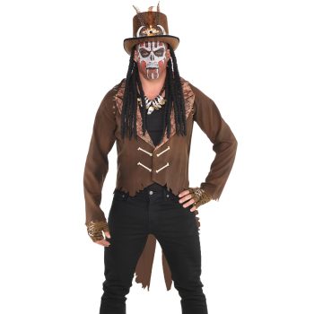 Person in brown costume with face paint.