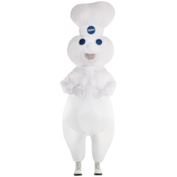 Smiling dough mascot in white chef hat.
