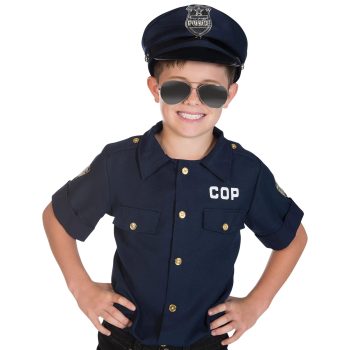 Child dressed as a police officer smiling.