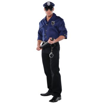 Man in police uniform holding baton, handcuffs.