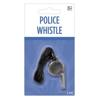 Police whistle with black lanyard packaging.