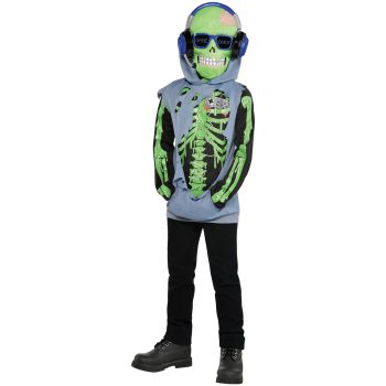 Child in green skeleton costume and headphones.