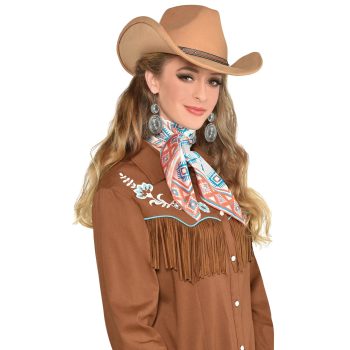 Woman in cowboy hat and brown attire.