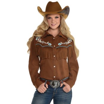Brown Western Cowgirl Button Up Fringe Shirt for Adults