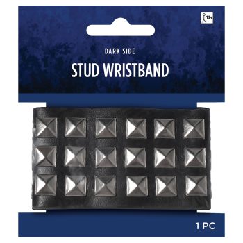 Black studded wristband in retail packaging.