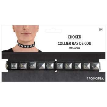 Studded black choker necklace packaging.