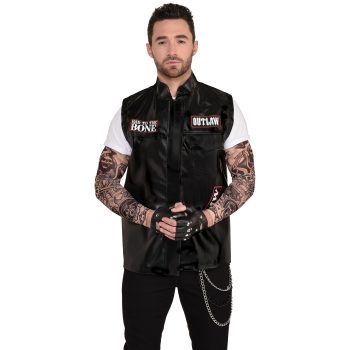 Man wearing black vest and tattoo sleeves.