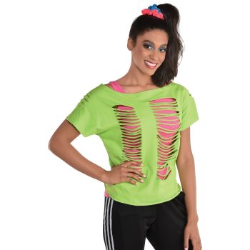 Woman in neon green ripped shirt.