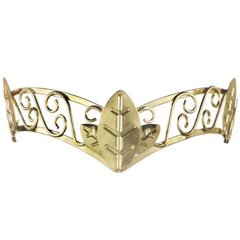 Gold tiara with leaf and swirl design.