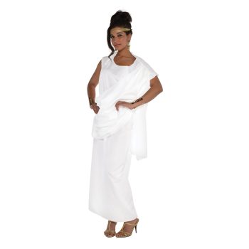 Woman in white toga outfit, smiling confidently.