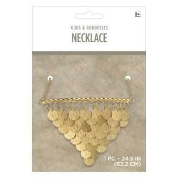 Gold coin necklace in packaging.