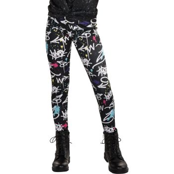 Person wearing graffiti leggings and black boots.