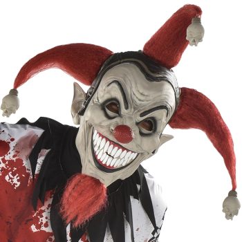 Creepy clown with red jester hat.