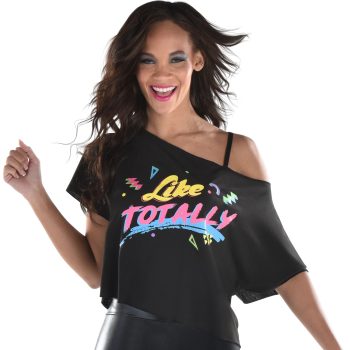 Woman in 'Like Totally' graphic shirt.
