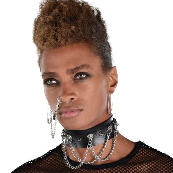Person with chain jewelry and mesh top.