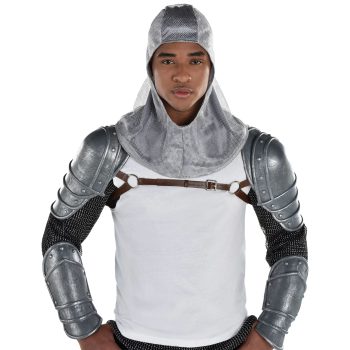 Person wearing medieval knight costume armor.