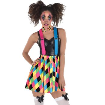 Woman in colorful clown costume posing confidently.