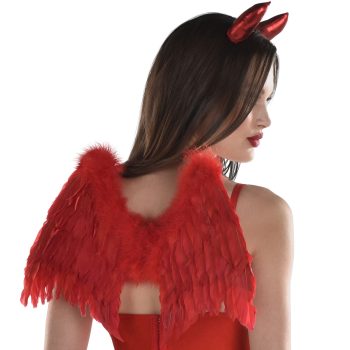 Woman in red devil costume with wings.