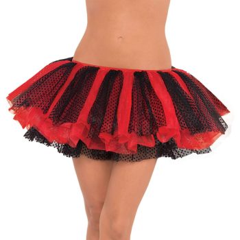 A person wearing a red and black tutu skirt.