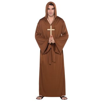 Monk costume with hood and cross necklace.