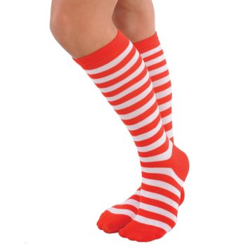 Legs wearing red and white striped socks.
