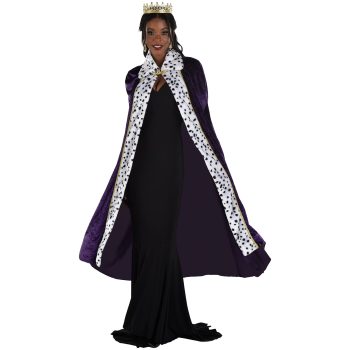 Woman wearing royal cape and crown.