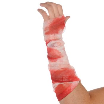 Arm wrapped in blood-stained bandage.