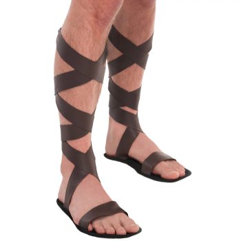 Brown gladiator sandals with crisscross straps.