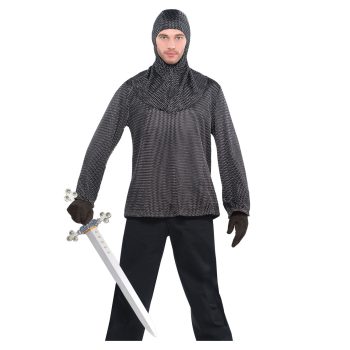 Man in chainmail armor holding a sword.