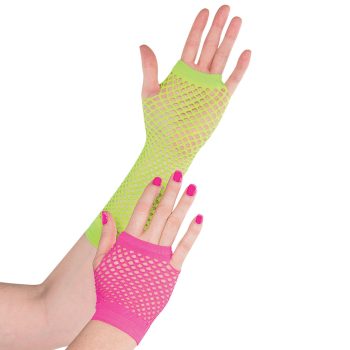 Hands wearing neon fishnet gloves.
