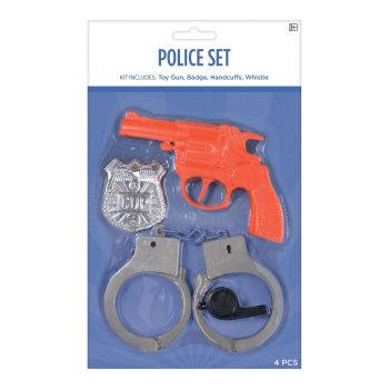 Toy police set with gun and handcuffs.