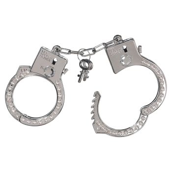 Open silver handcuffs with attached key.