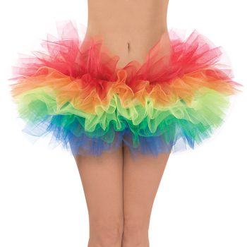 Colorful rainbow tutu on person.