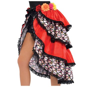 Red skirt with skull pattern and flowers.