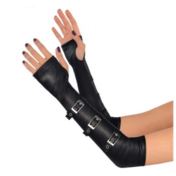 Black fingerless gloves with buckle details.