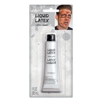 A tube of liquid latex in clear packaging with a man's photo on top.