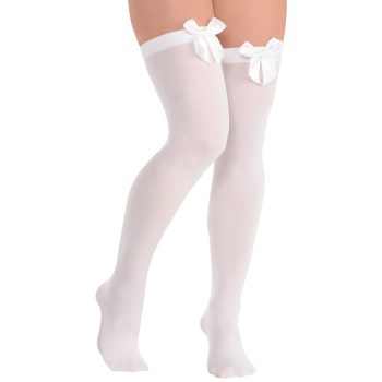 White thigh-high stockings with decorative bows.
