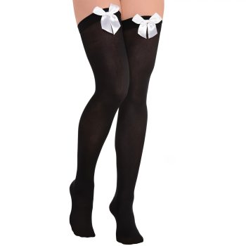 Black thigh-high stockings with white bows.