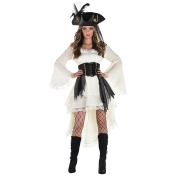 Woman in pirate-themed costume and hat.