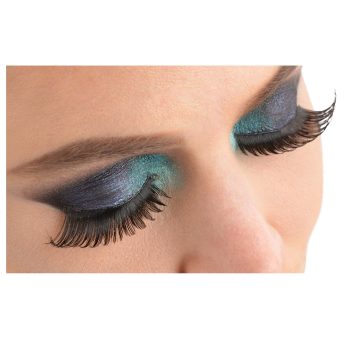 Colorful eyeshadow and long false eyelashes.